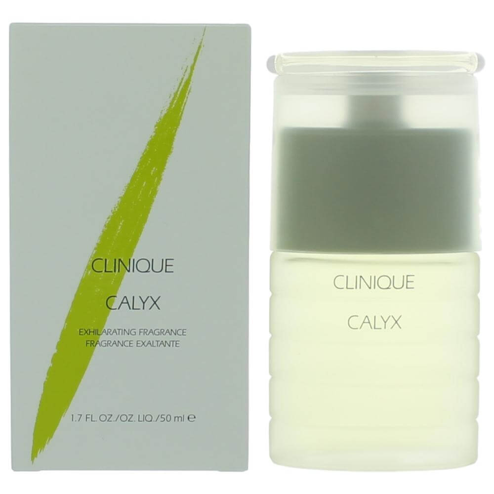 Calyx by Clinique, 1.7 oz Exhilarating Fragrance Spray for Women in a frosted bottle with green accents.