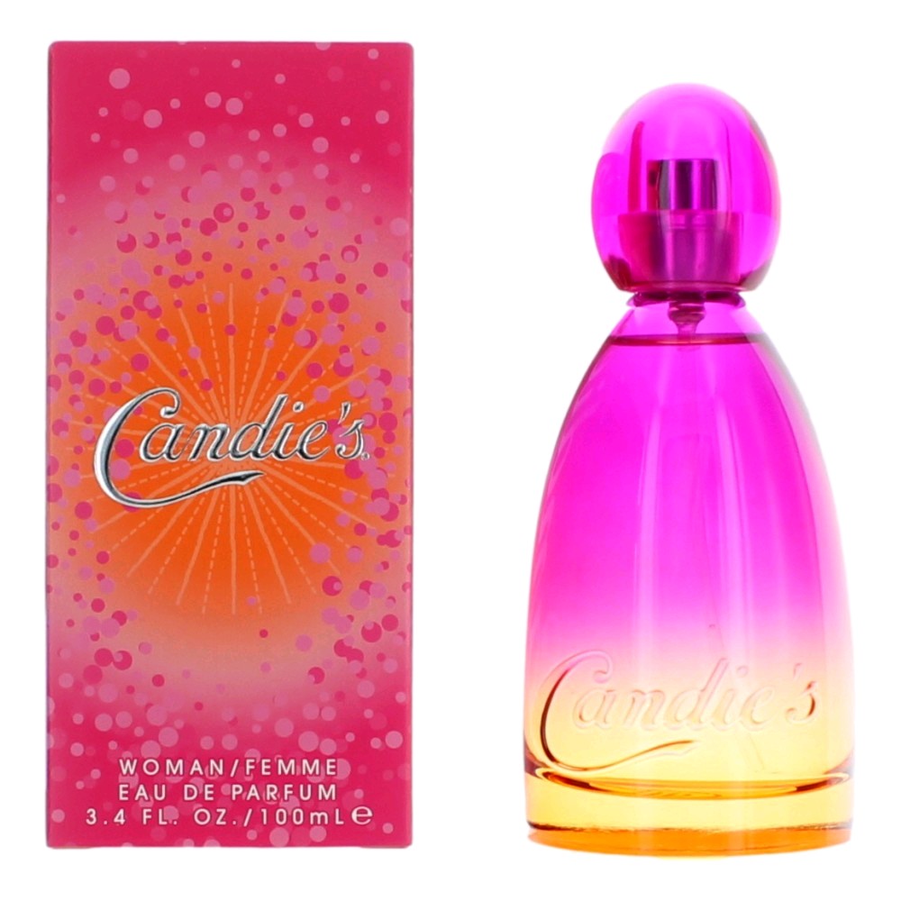 Women's Candie's EDP spray bottle with pink glass and gold-toned label, plus box