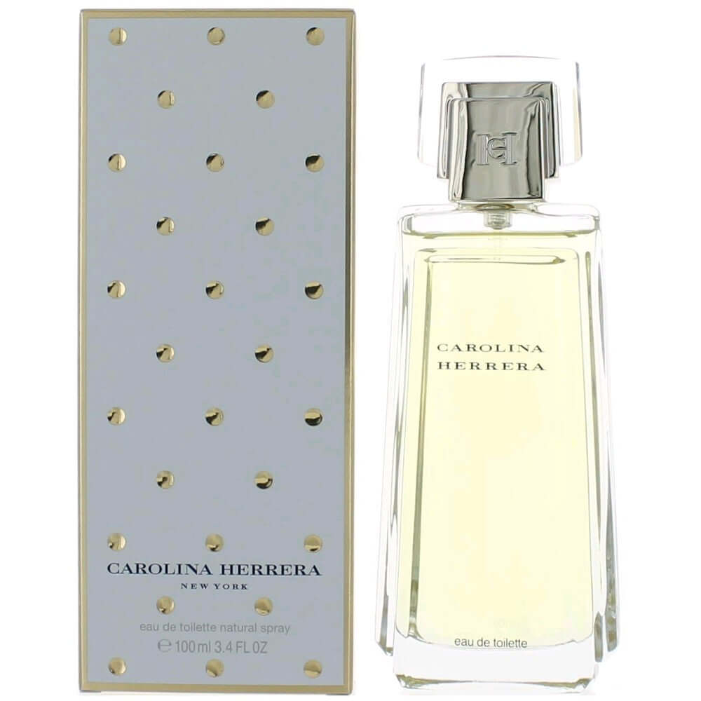 Carolina Herrera women’s EDT spray bottle and box, clear glass with gold dots