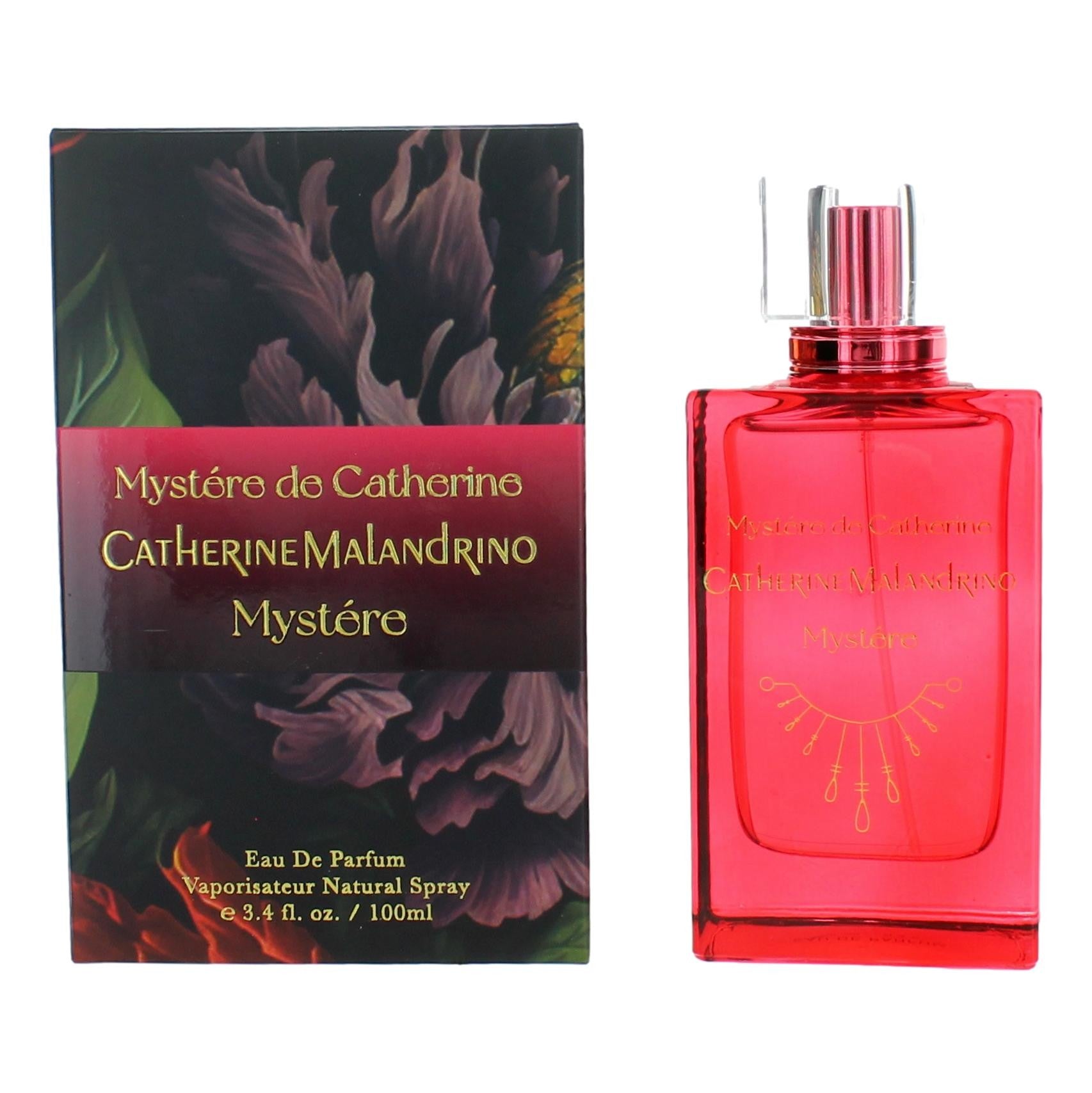 Women's eau de parfum spray with red glass bottle and pink cap, shown with box