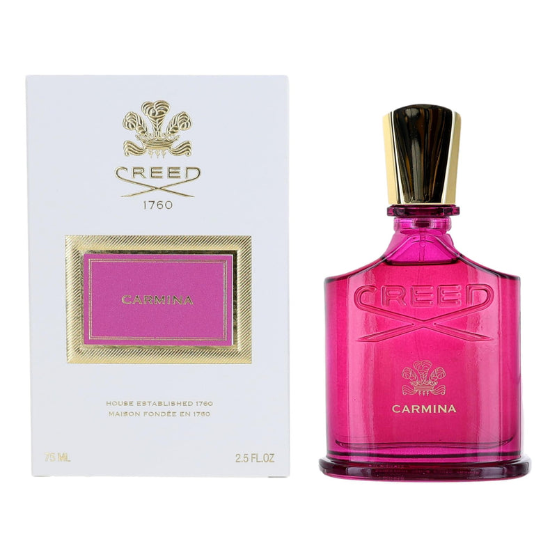 Women’s EDP spray bottle, pink glass with gold cap, with matching box