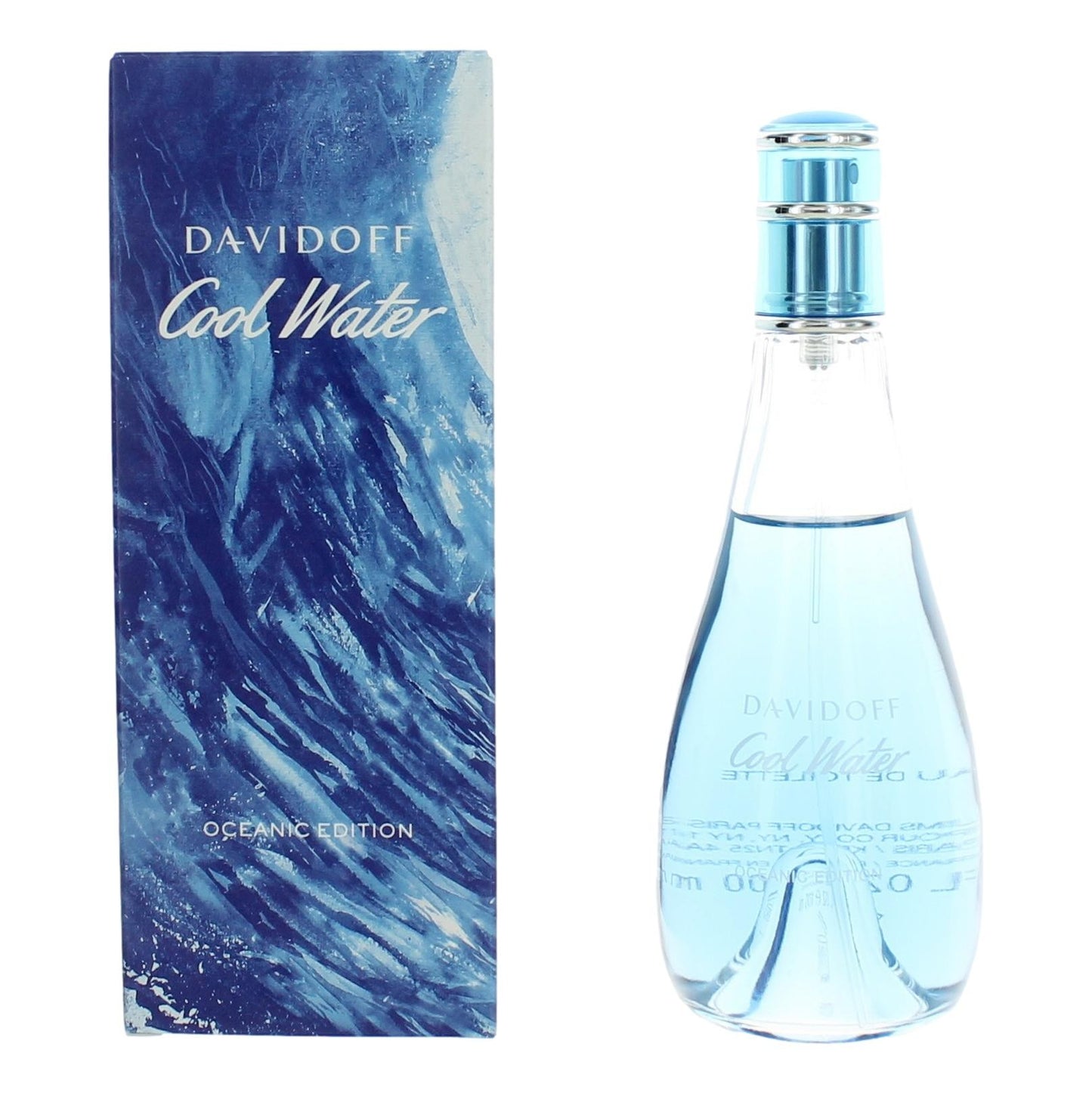 Women’s ocean-inspired Eau de Toilette spray bottle with blue glass and cap, plus box