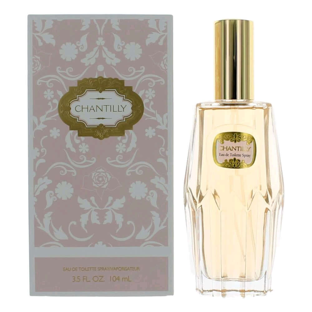 Chantilly by Dana, 3.5 oz EDT Spray for Women next to its elegant packaging.
