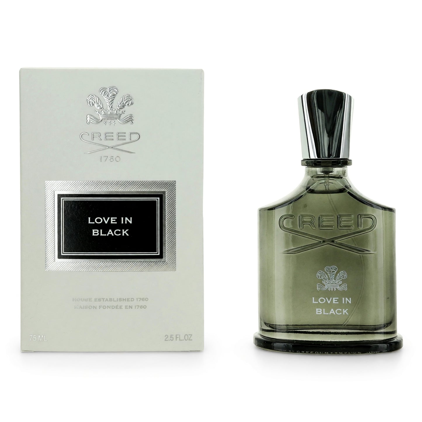 Creed Love In Black EDP spray bottle with dark label and matching box
