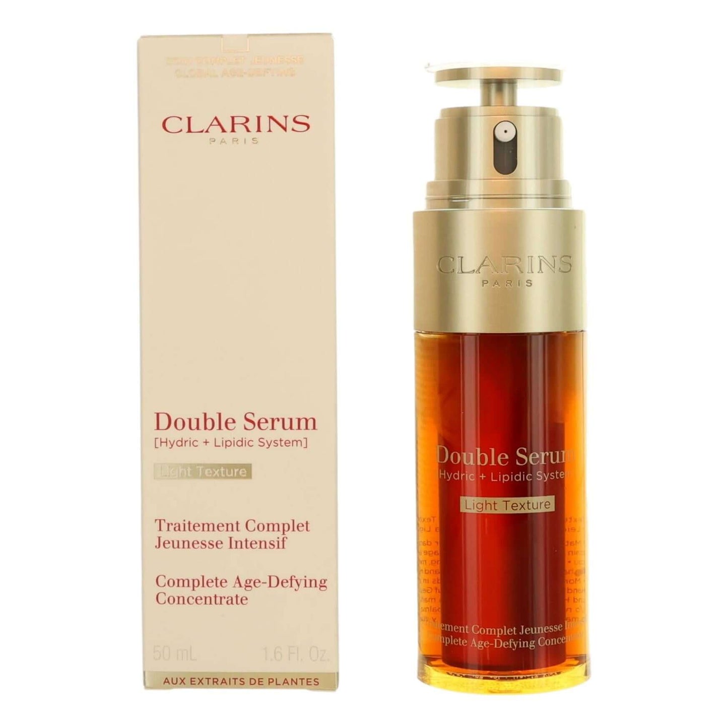 Clarins by Clarins, 1.6 oz Double Serum, Light Texture in a sleek bottle showing hydric and lipid system