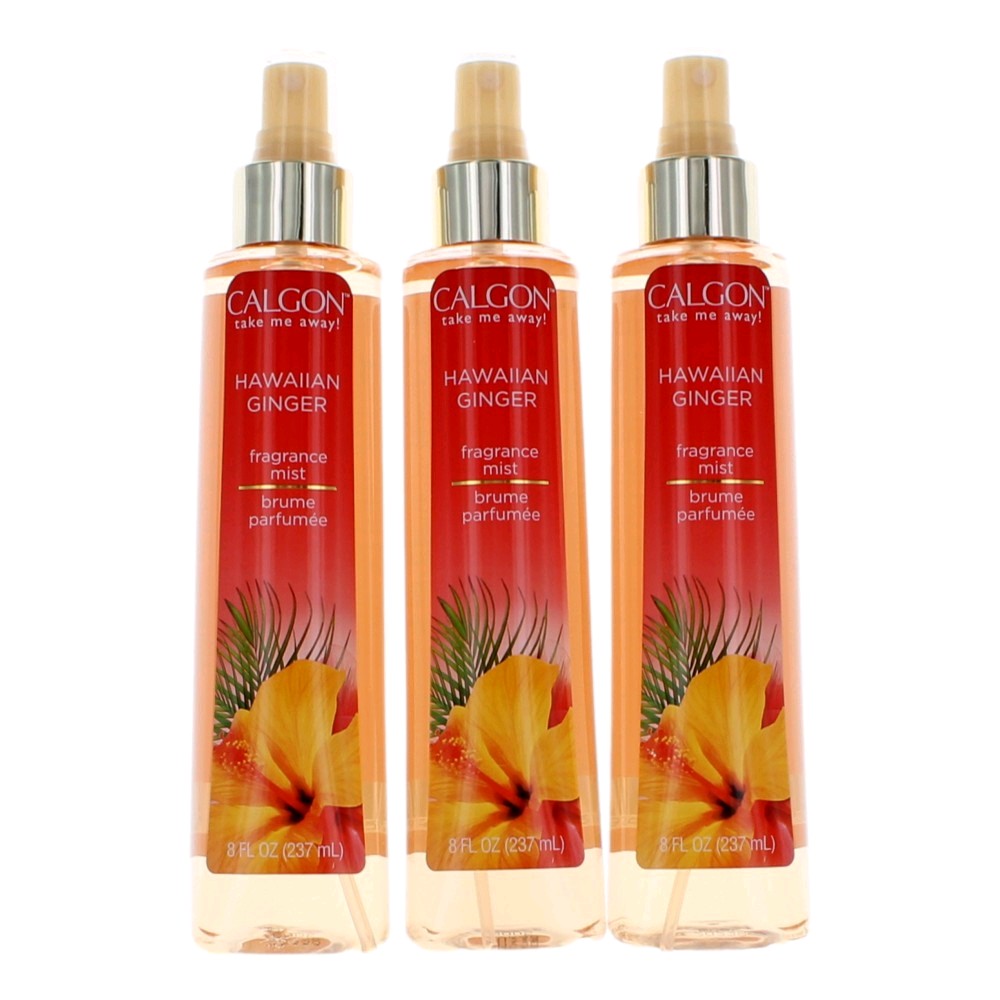 Calgon Hawaiian Ginger fragrance mist, three 8 fl oz bottles with spray nozzles