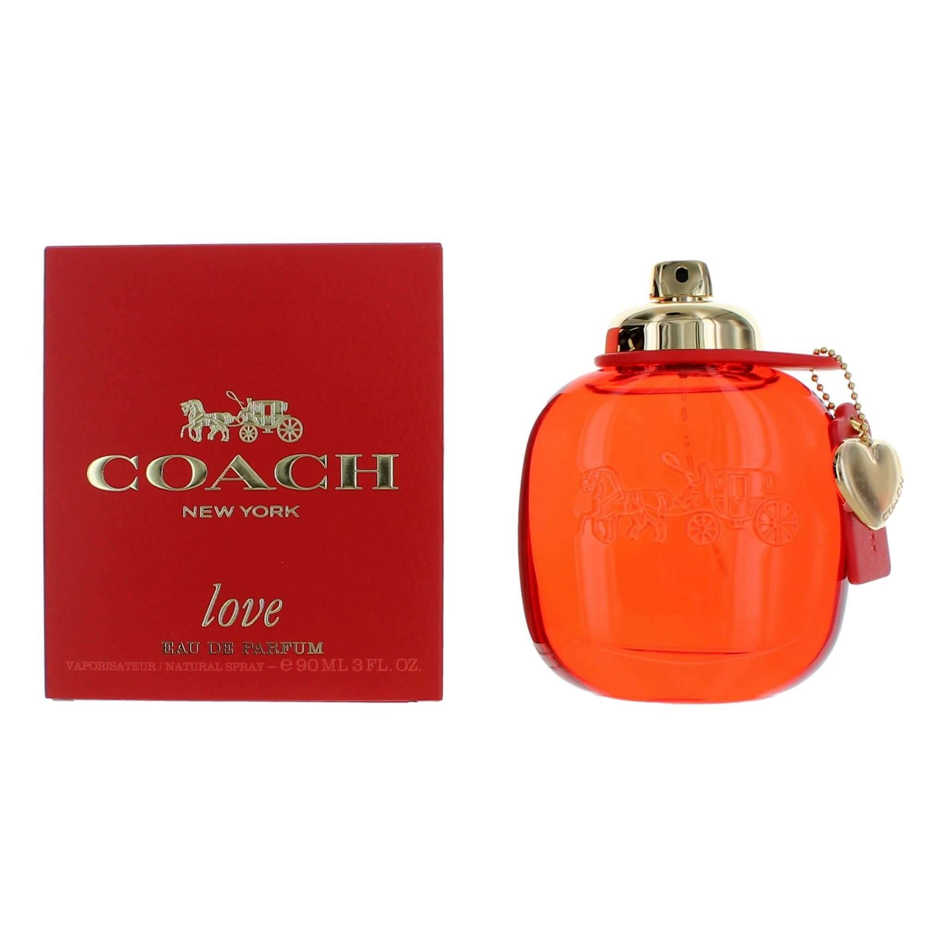 Women's perfume eau de parfum spray bottle with orange glass, gold cap, and red box