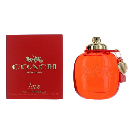 Coach Love by Coach, 3 oz EDP Spray for Women in a vibrant red box with a heart charm.