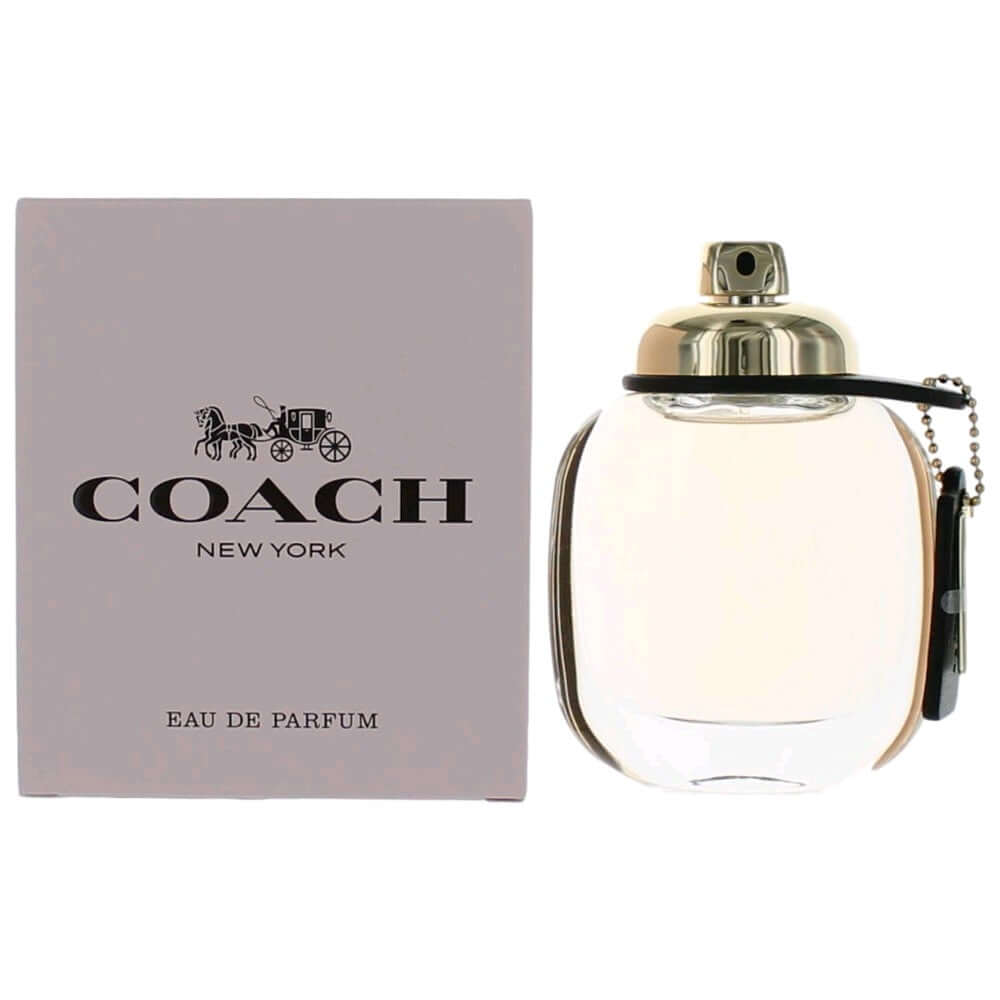 Women’s EDP spray bottle with gold cap and clear glass body; includes matching box
