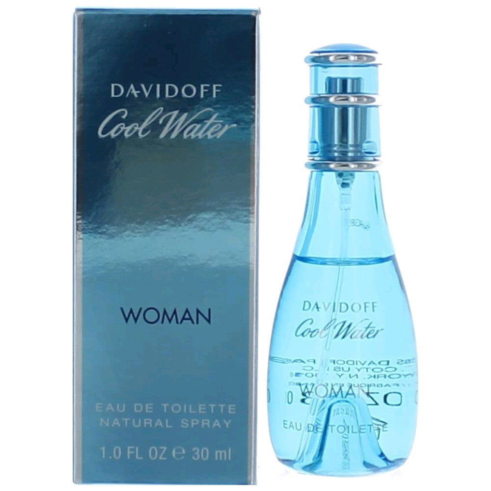 Davidoff Cool Water EDT spray bottle and box, blue glass, 1 oz