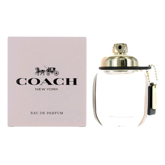 Women's eau de parfum spray with Coach logo, gold cap and clear bottle, shown with box