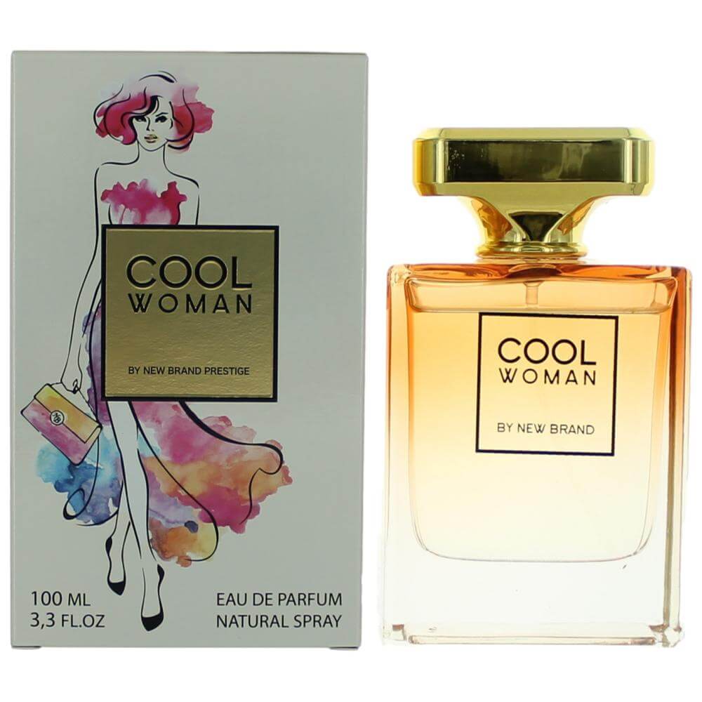 Women’s eau de parfum spray with amber bottle, gold cap, and Cool Woman label.