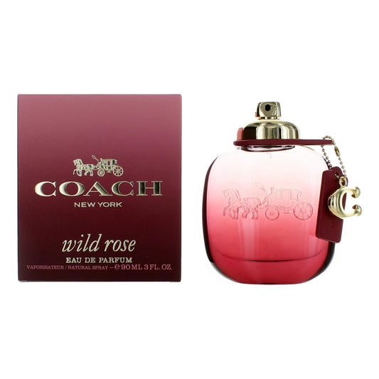 Coach Wild Rose eau de parfum spray bottle and maroon box with gold logo