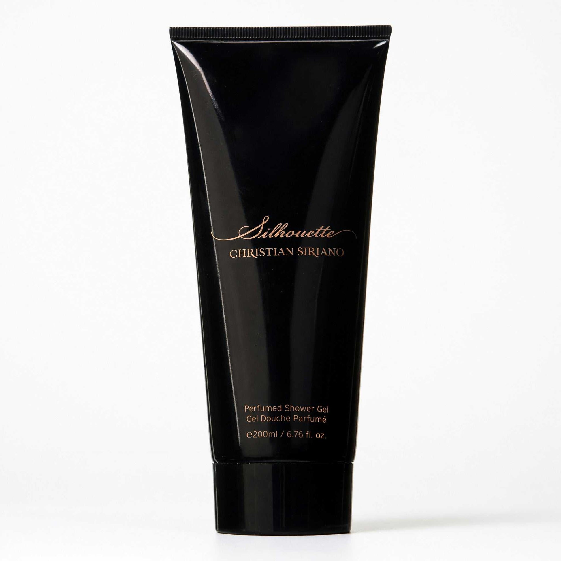 Silhouette shower gel tube by Christian Siriano, black, with gold logo