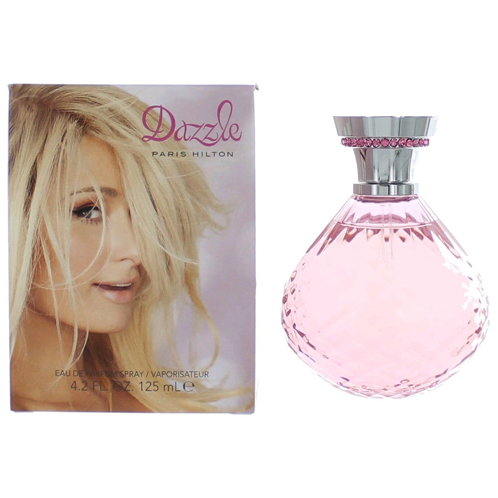 Women's EDP perfume bottle with pink faceted glass and decorative cap; includes box
