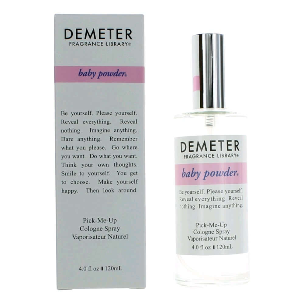 Demeter baby powder cologne spray bottle and box, 4 oz with silver pump