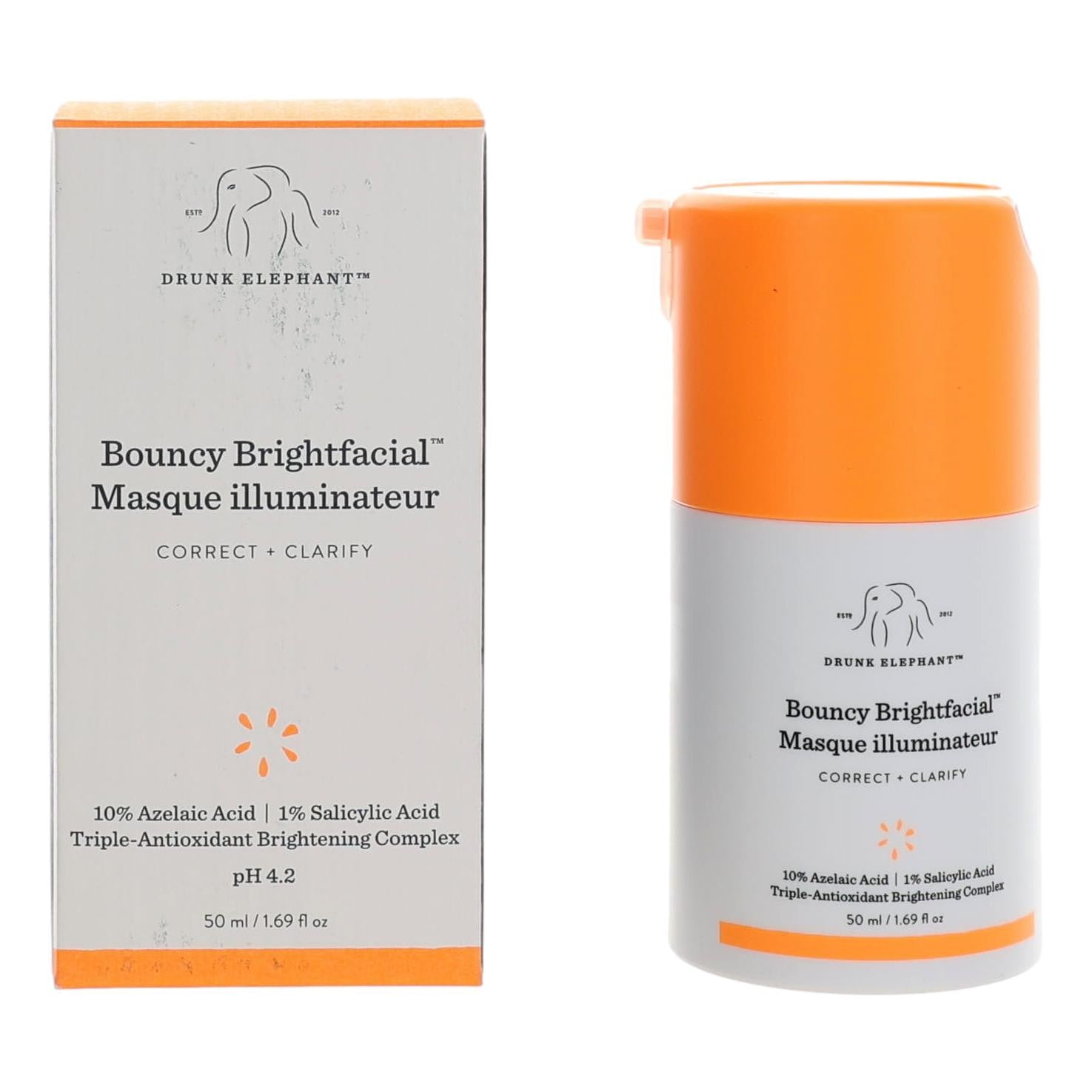 Drunk Elephant Bouncy Brightfacial face mask box and orange pump bottle, 1.69 oz
