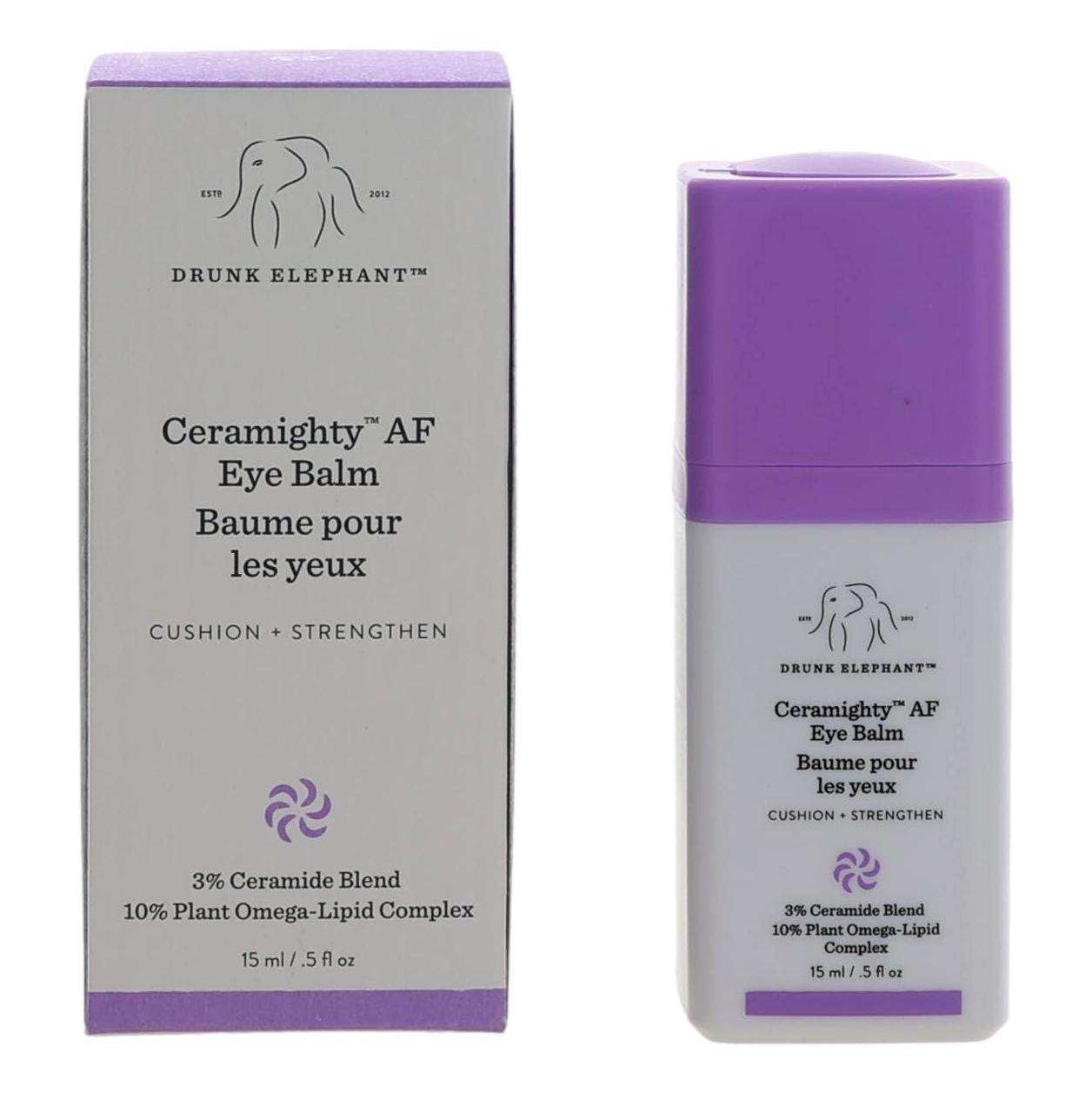 Drunk Elephant Ceramighty AF eye balm tube and box, purple and gray balm container