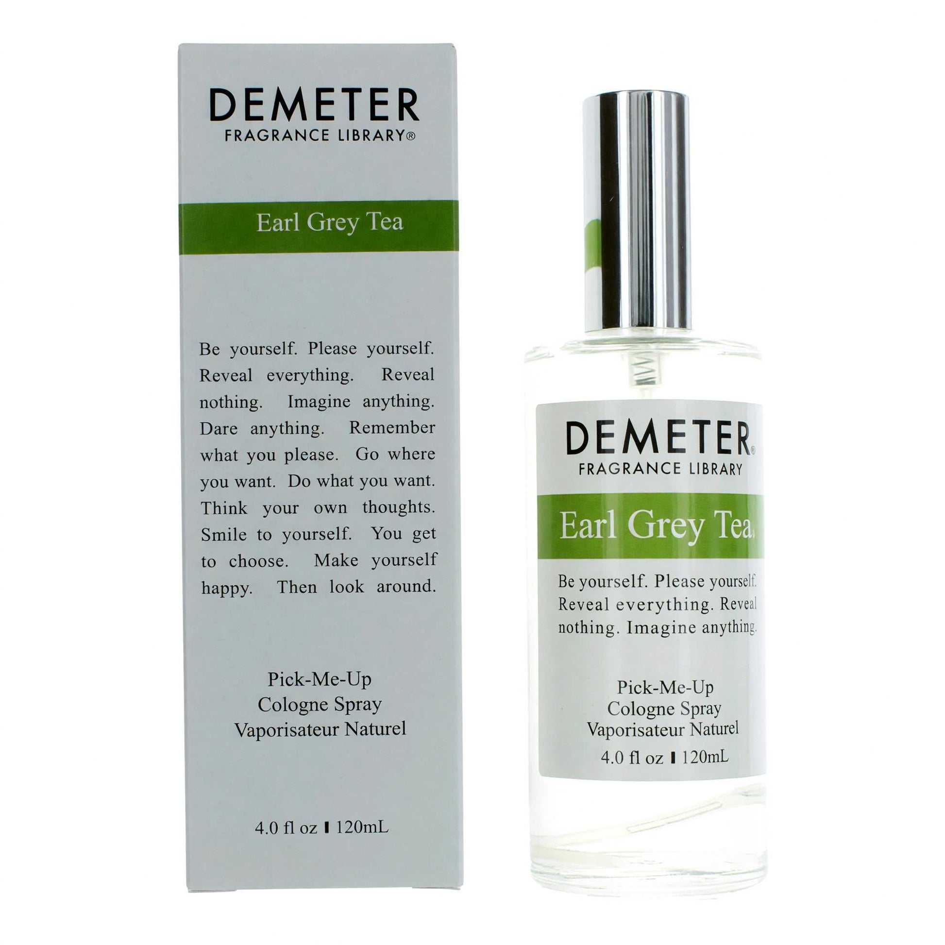 Earl Grey Tea cologne spray by Demeter, clear bottle with silver cap and box