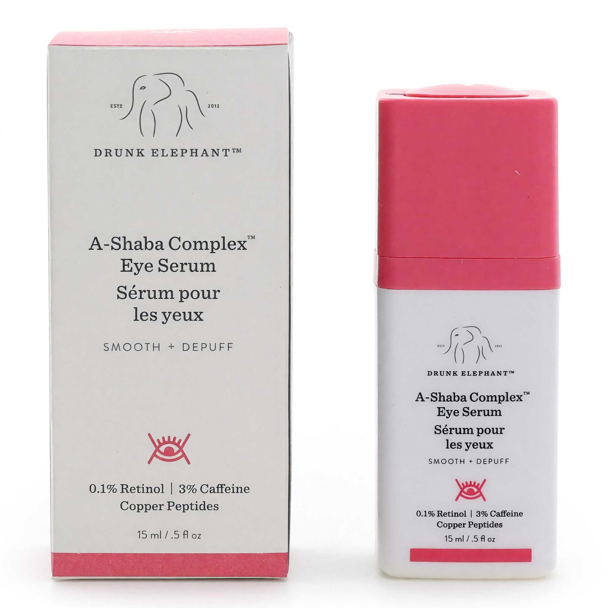 Drunk Elephant A-Shaba Complex eye serum bottle with pink cap and product box