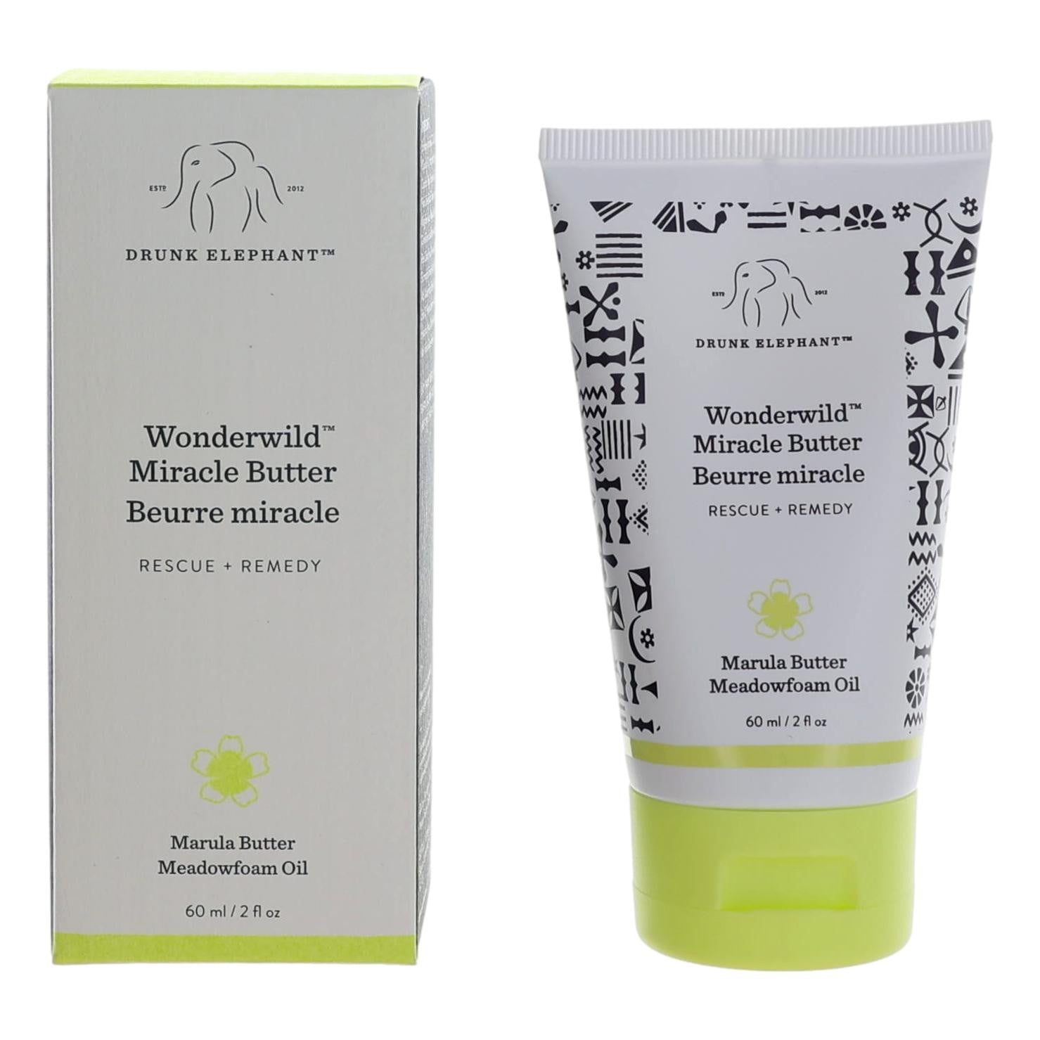 Wonderwild Miracle Butter skincare in squeeze tube and retail box, green base