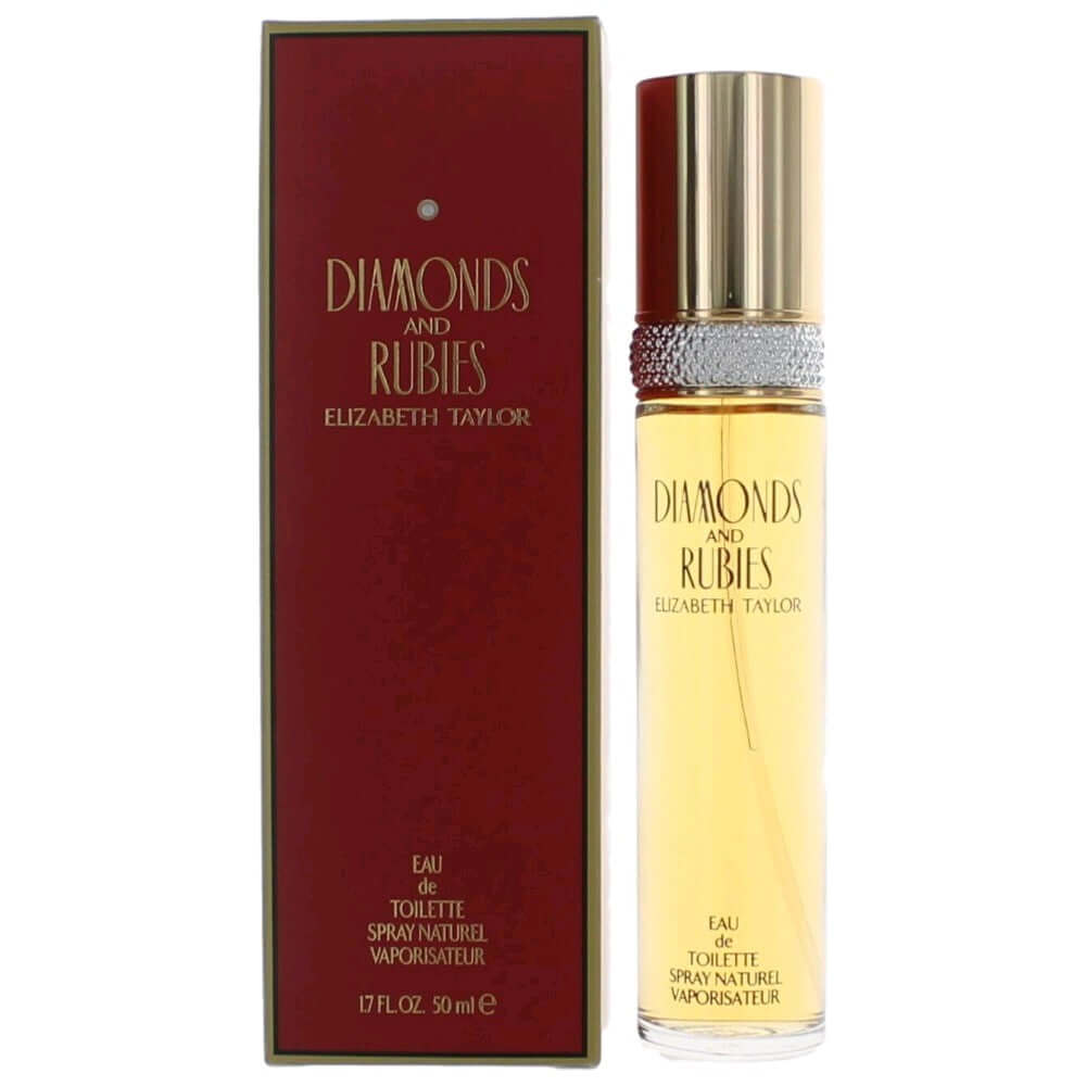 Eau de toilette spray for women: glass bottle, gold cap, and Diamonds & Rubies box