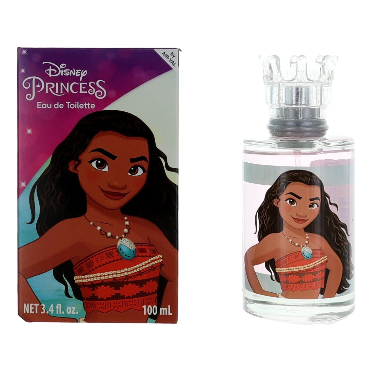 Kids EDT spray set with Moana perfume bottle and purple Disney Princess box, 3.4 fl oz.