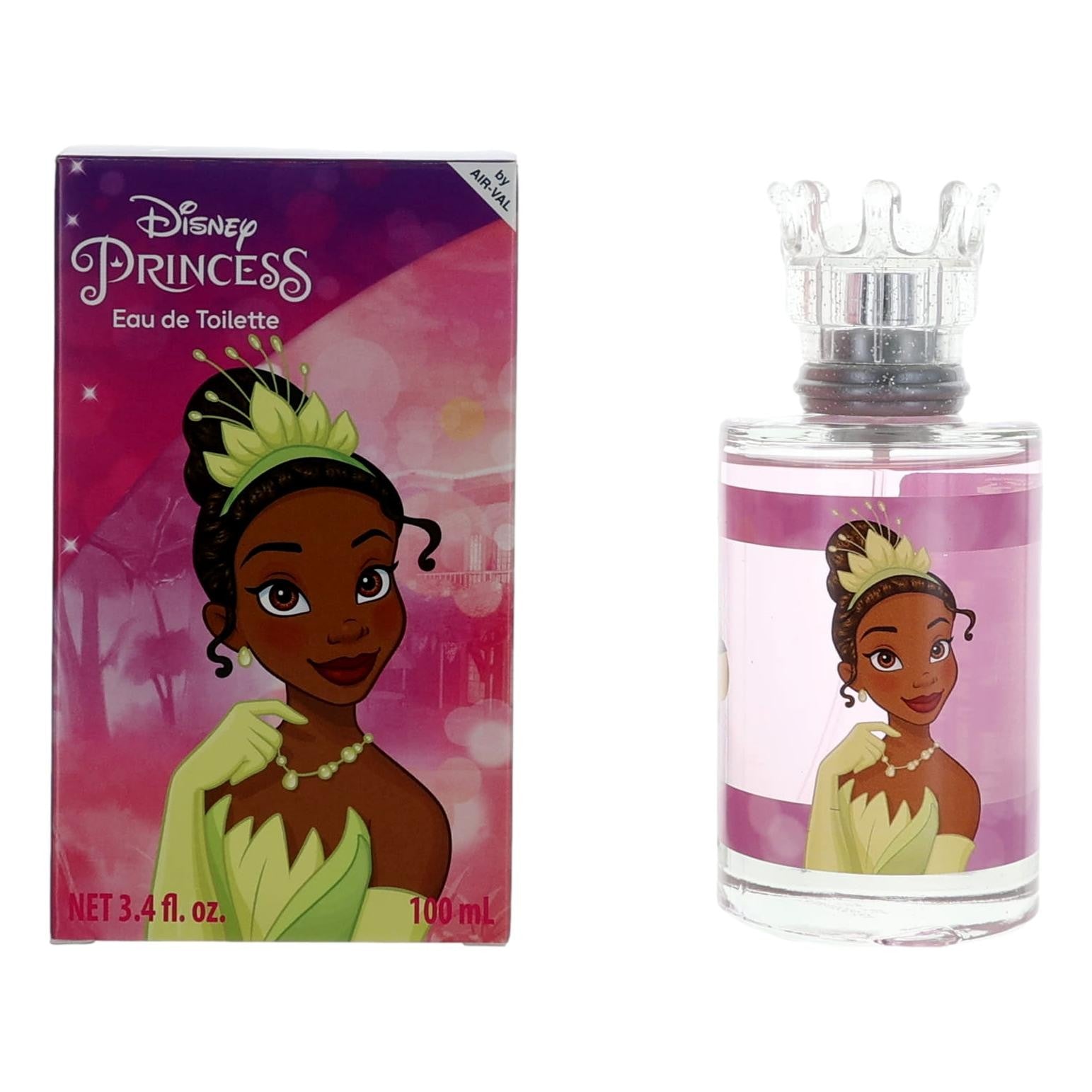 Kids Princess Tiana EDT spray, 3.4 fl oz, with decorated bottle and retail box