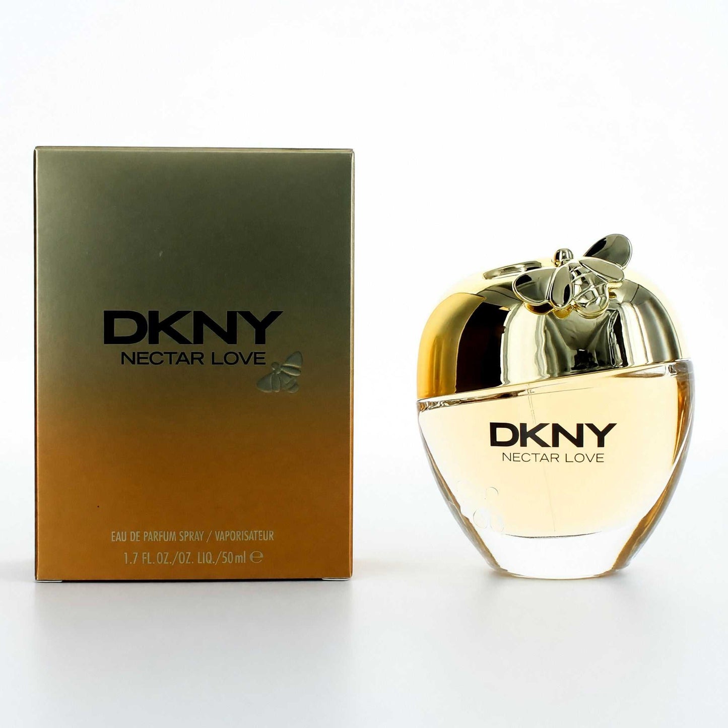 DKNY Nectar Love perfume spray bottle with gold cap and box, 1.7 oz
