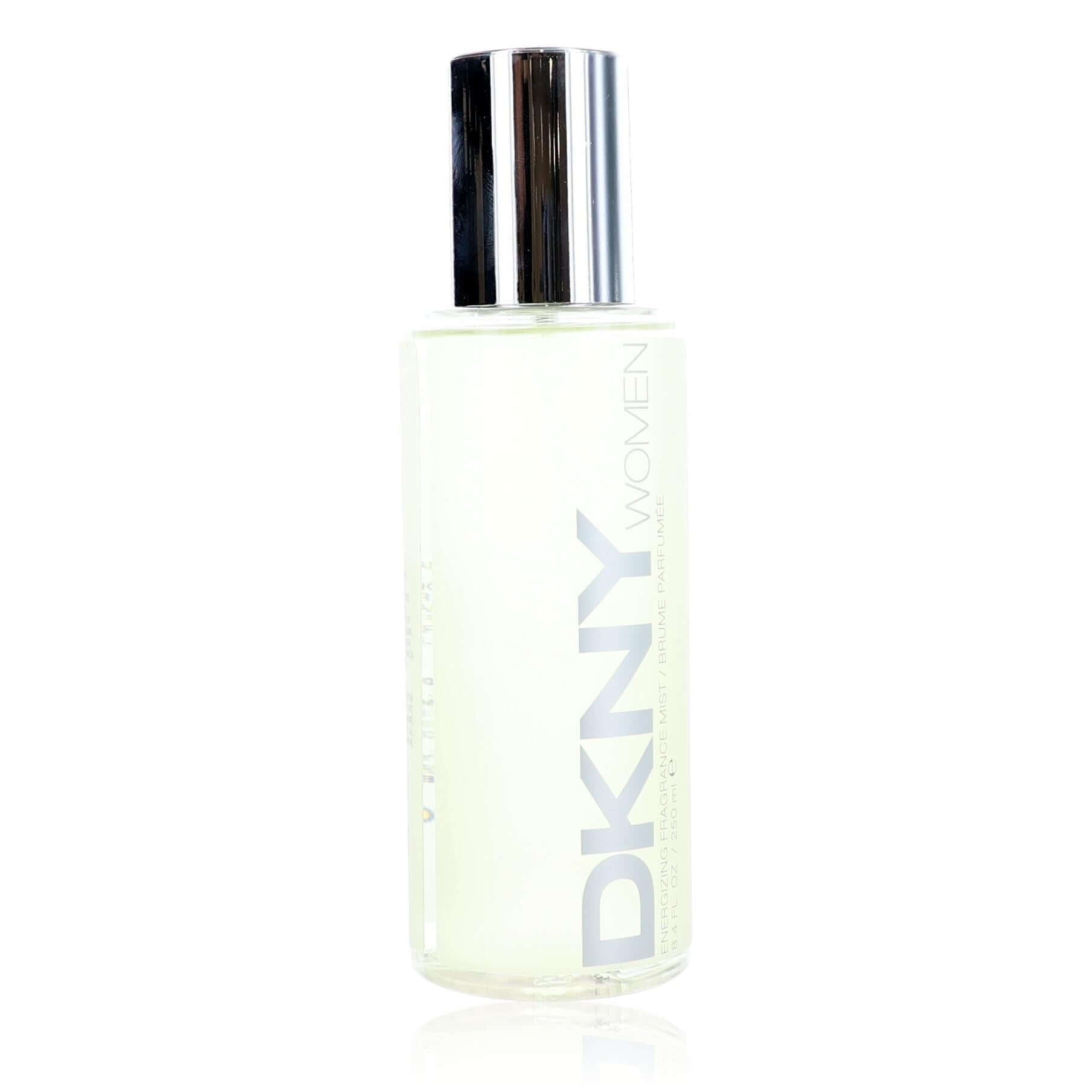 Body mist bottle with silver cap, clear glass, DKNY Women label