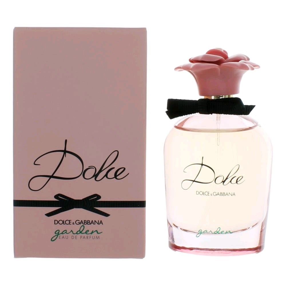 Dolce Garden eau de parfum spray bottle with pink cap and ribbon, shown with box.