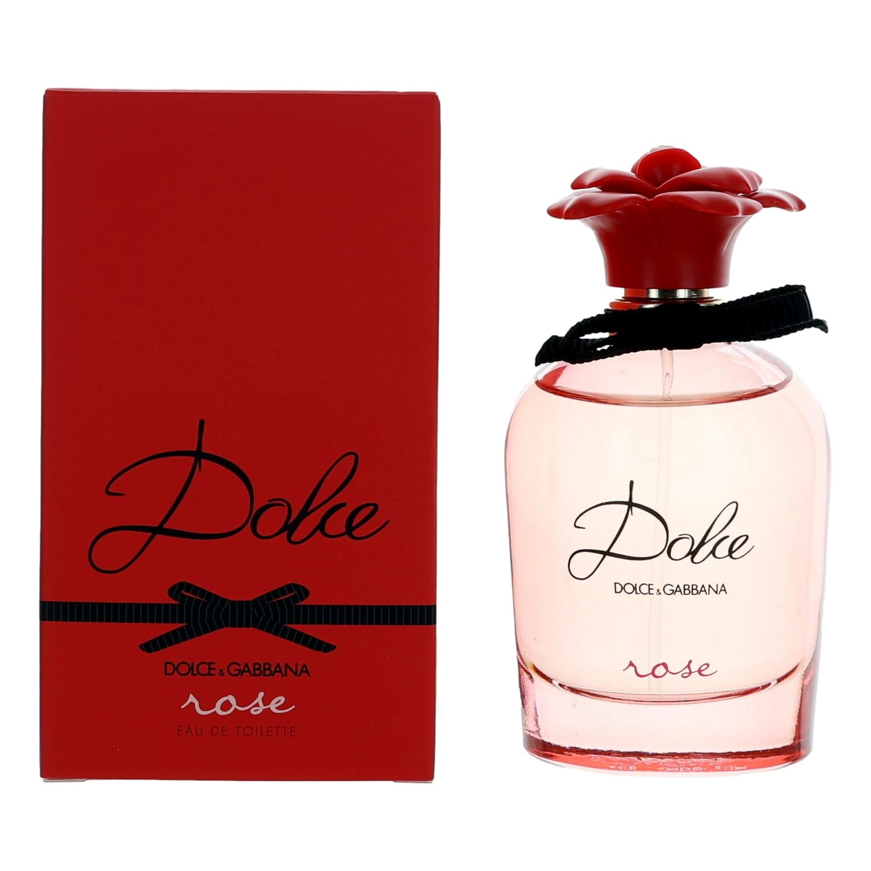 Dolce Rose EDT spray bottle with red rose-shaped cap and matching red gift box