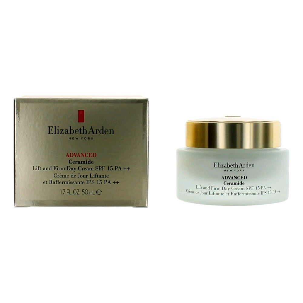 Gold-top day cream jar and box with Elizabeth Arden branding, SPF 15 PA++