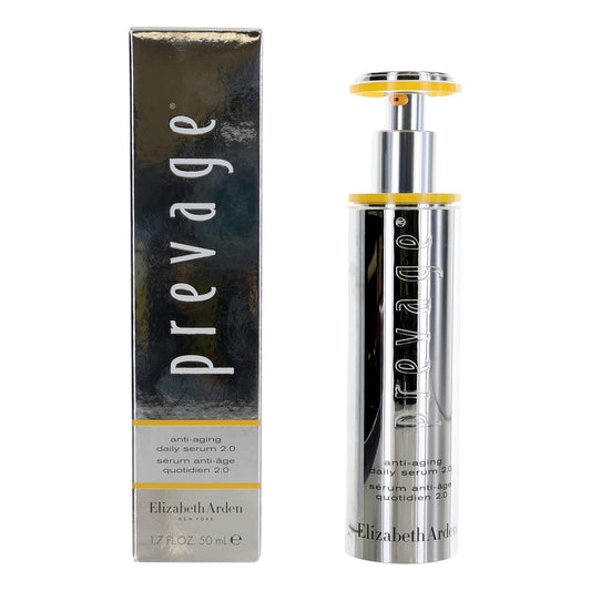 Prevage anti-aging daily serum pump in silver bottle with gold caps, plus product box
