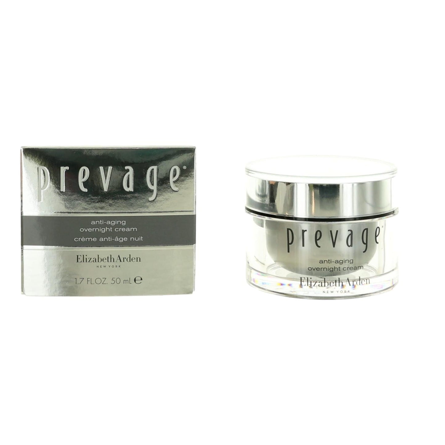 Prevage by Elizabeth Arden anti-aging overnight cream jar with silver lid and box