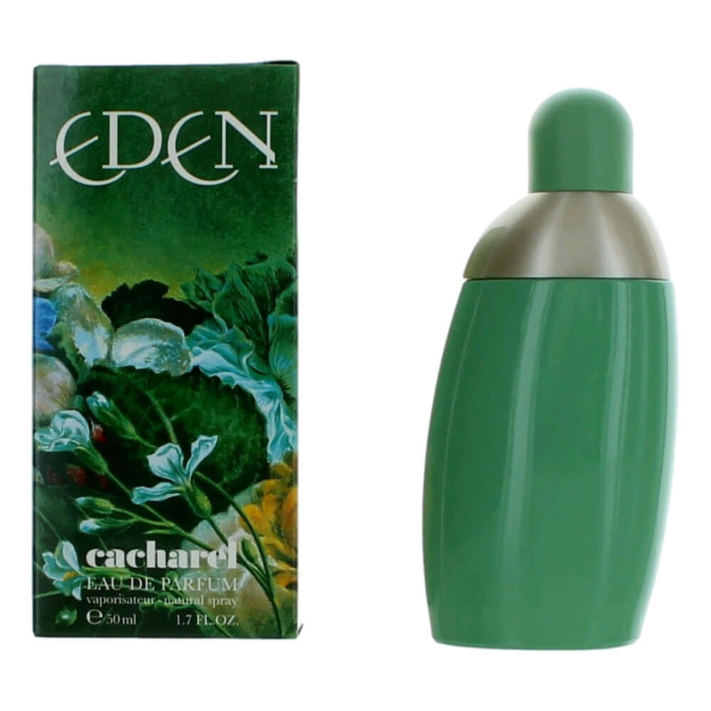 Eden by Cacharel, 1.7 oz EDP Spray for Women in green bottle with floral packaging.