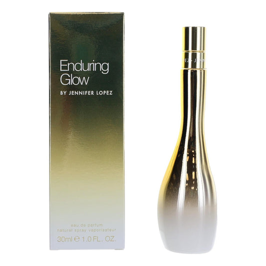 Women’s EDP spray bottle with gold cap and matching box for Enduring Glow