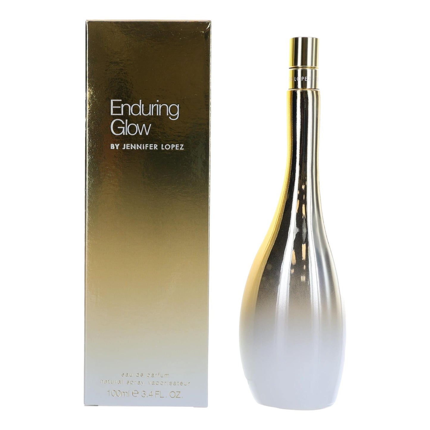 Enduring Glow by J. Lo EDP spray bottle with gold cap and matching box