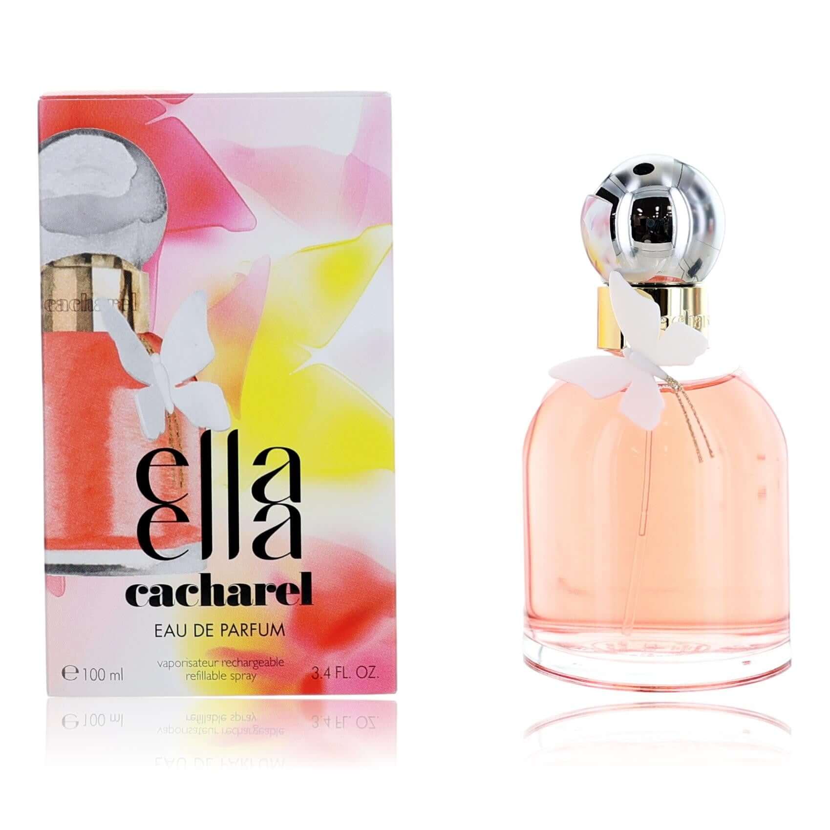 Women’s eau de parfum spray bottle, pink glass and silver cap, with matching box