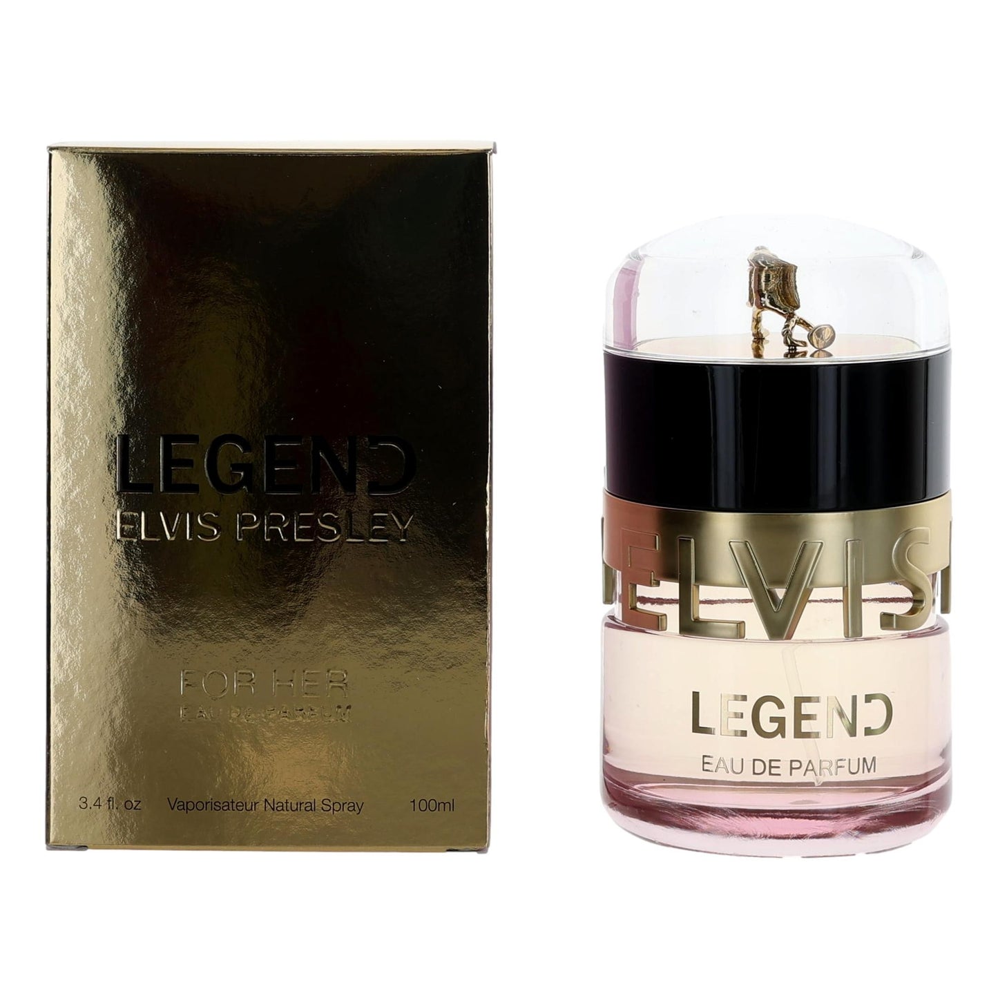 Eau de parfum spray bottle with gold and black label, shown with matching box