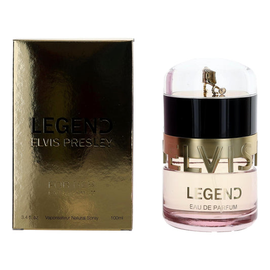 Eau de parfum spray bottle with gold and black label, shown with matching box
