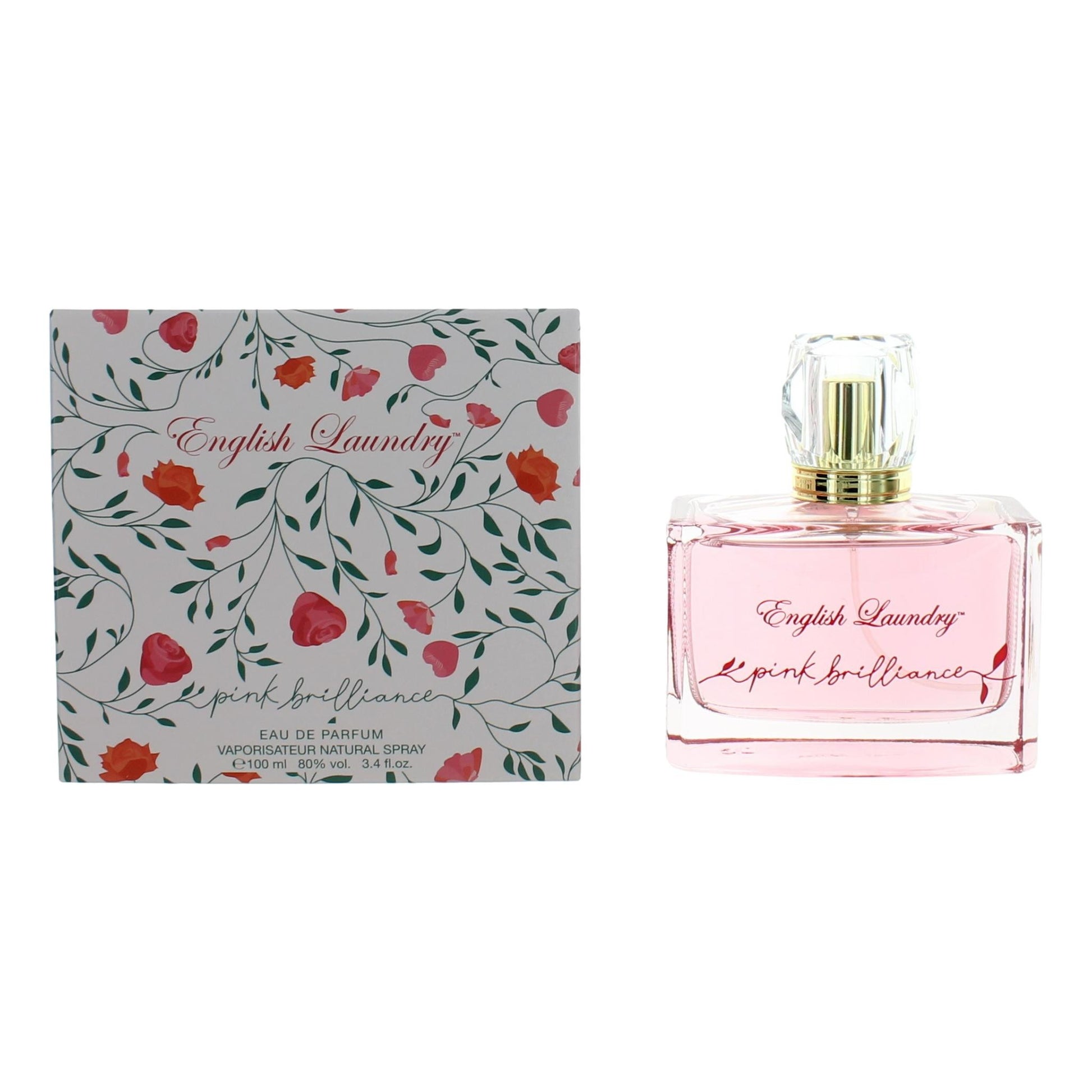 Perfume bottle and box set with pink floral design and glass spray bottle