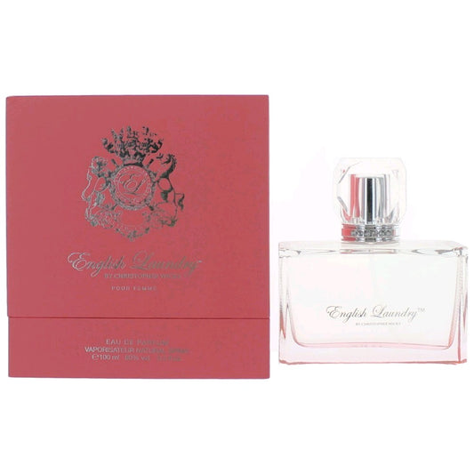 Women’s eau de parfum spray bottle with silver cap and maroon gift box