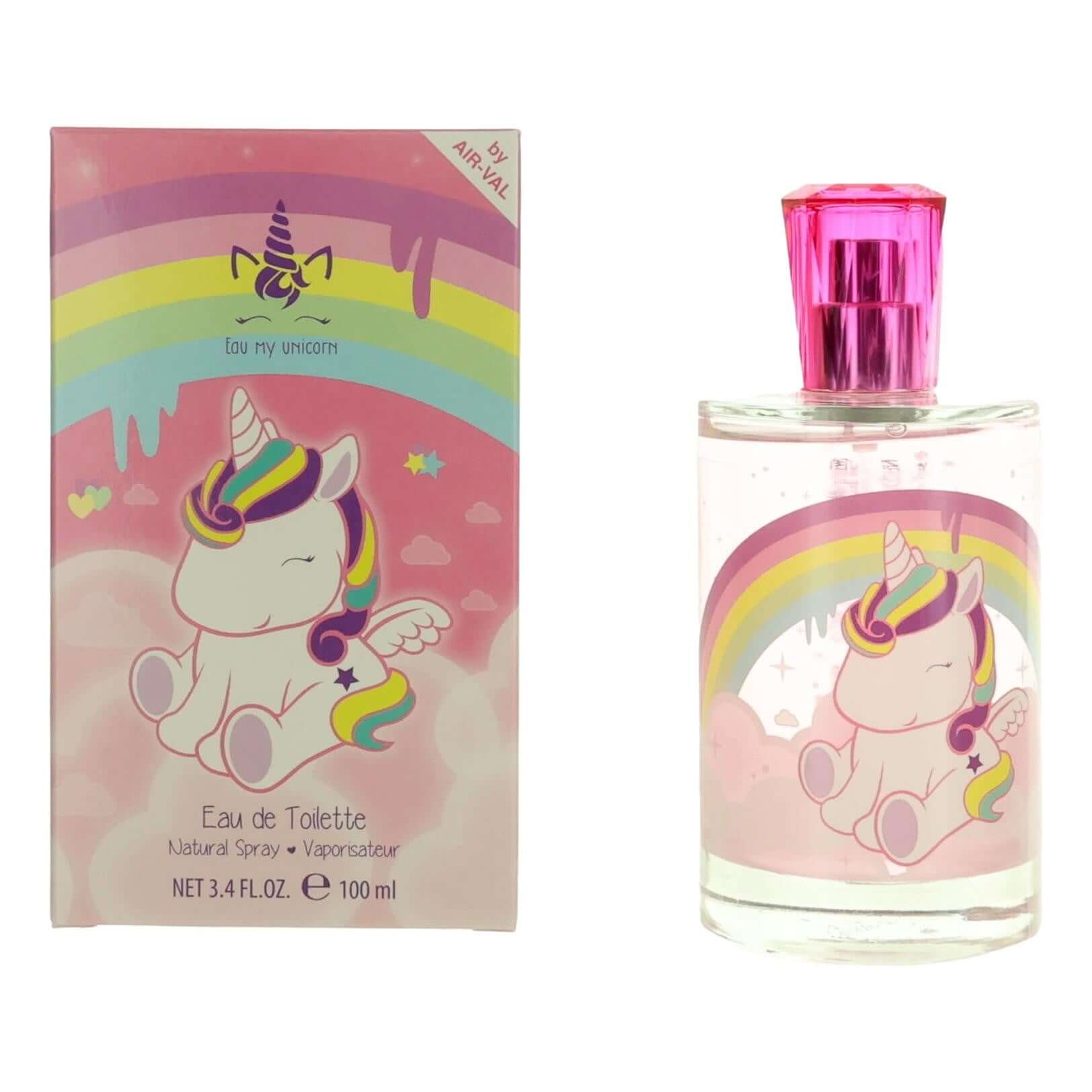 Unicorn-themed girls EDT spray bottle with pink cap and matching retail box, 3.4 oz