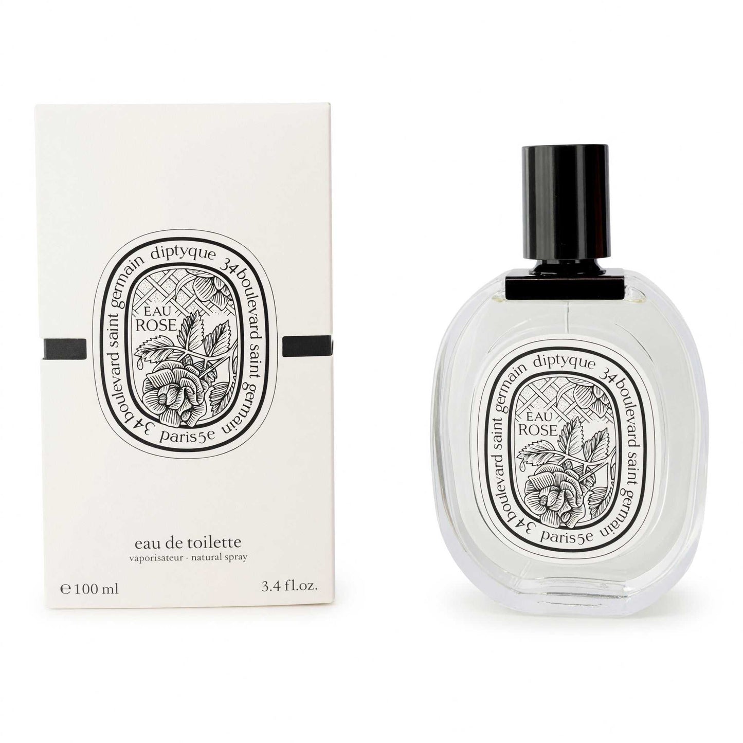 Diptyque Eau Rose EDT spray bottle with black cap and rose-printed oval label, plus box