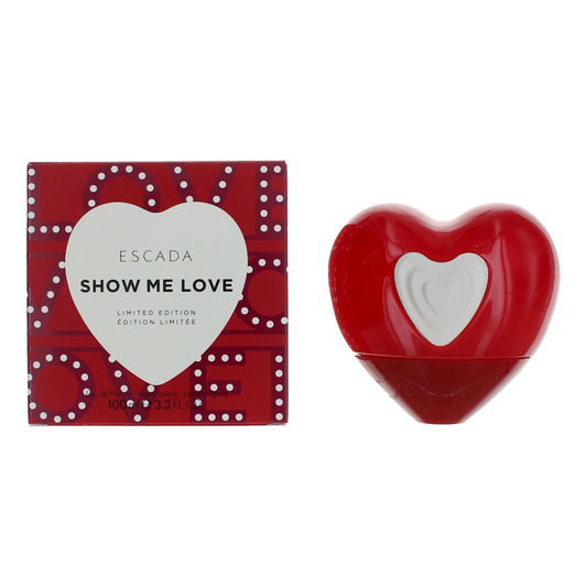 Escada Show Me Love perfume gift set with heart-shaped red bottle and box