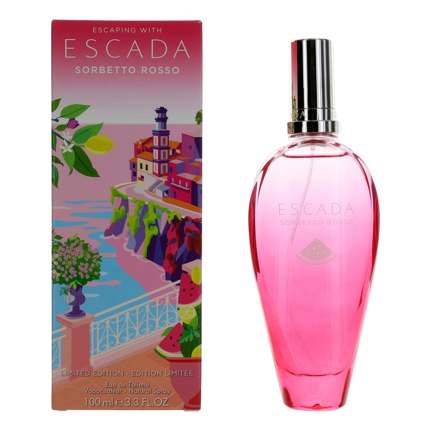Perfume EDT spray bottle set with pink-red glass bottle and silver cap, with box