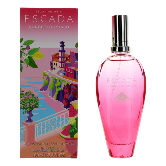 Perfume EDT spray bottle set with pink-red glass bottle and silver cap, with box