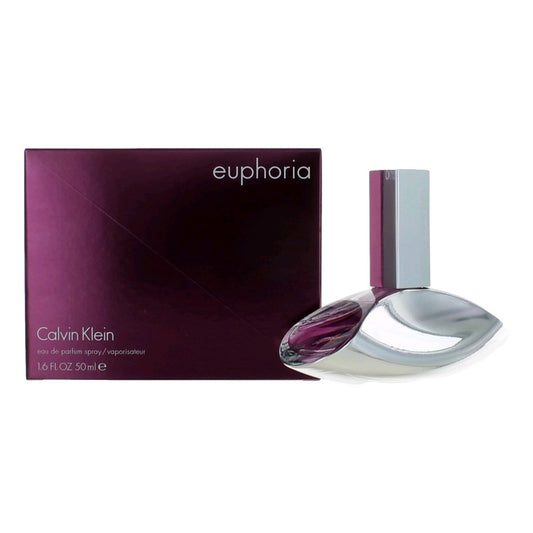 Women's perfume EDP spray bottle with metallic cap and matching box