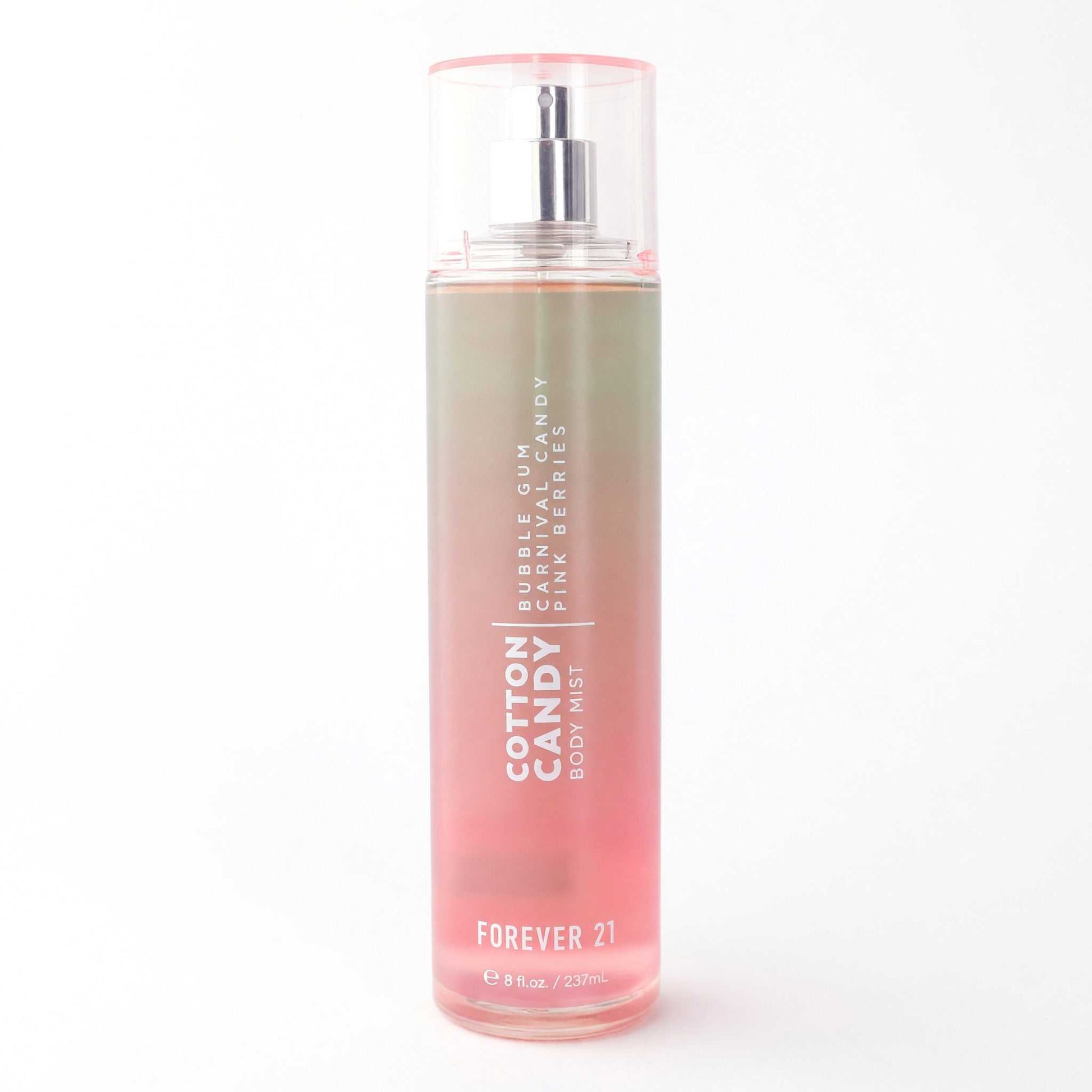 Cotton Candy body mist bottle with clear pump, pink liquid, 8 oz (Forever 21)